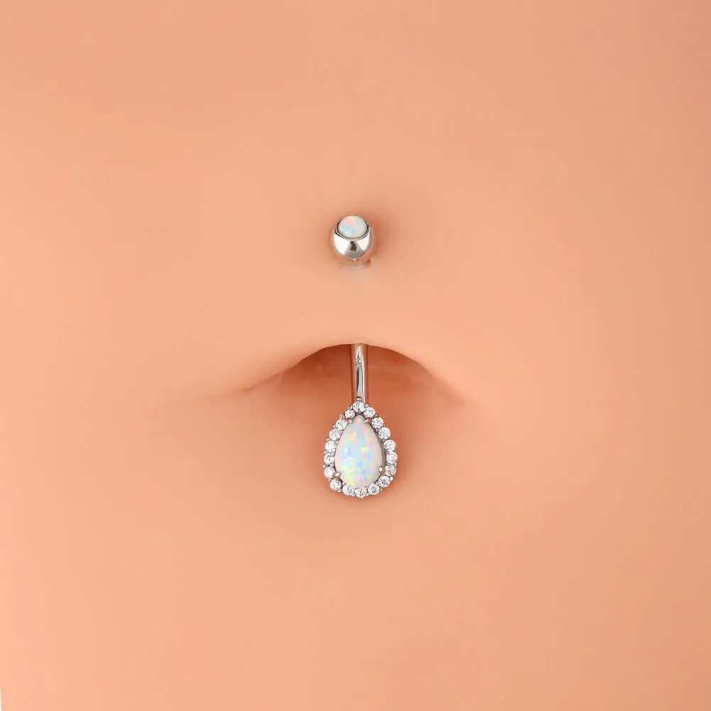 14K White Gold Opal Belly Ring 14G CZ Teardrop Design Navel Ring