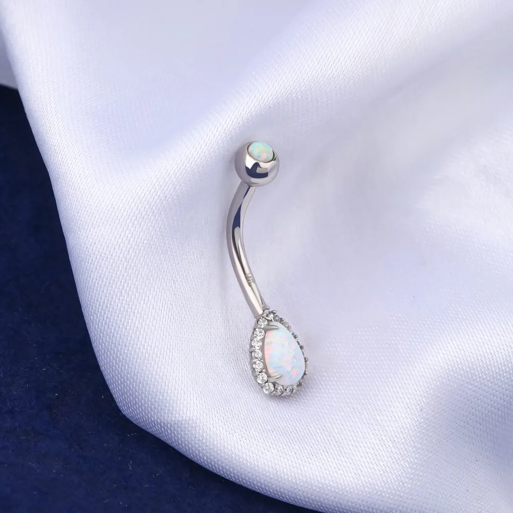 14K White Gold Opal Belly Ring 14G CZ Teardrop Design Navel Ring