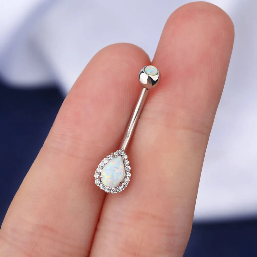 14K White Gold Opal Belly Ring 14G CZ Teardrop Design Navel Ring