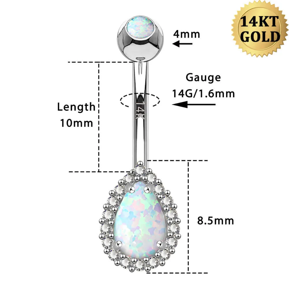 14K White Gold Opal Belly Ring 14G CZ Teardrop Design Navel Ring