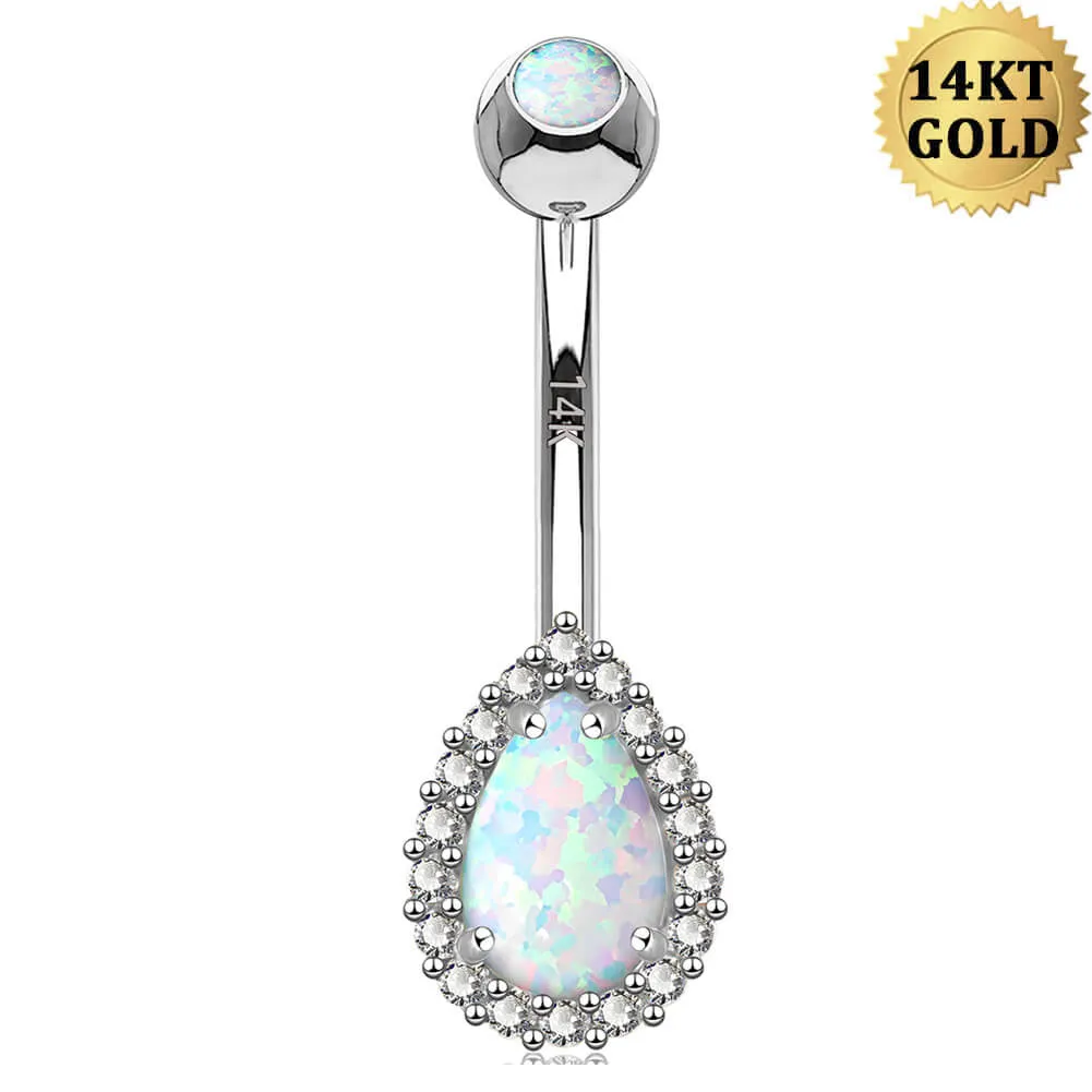 14K White Gold Opal Belly Ring 14G CZ Teardrop Design Navel Ring