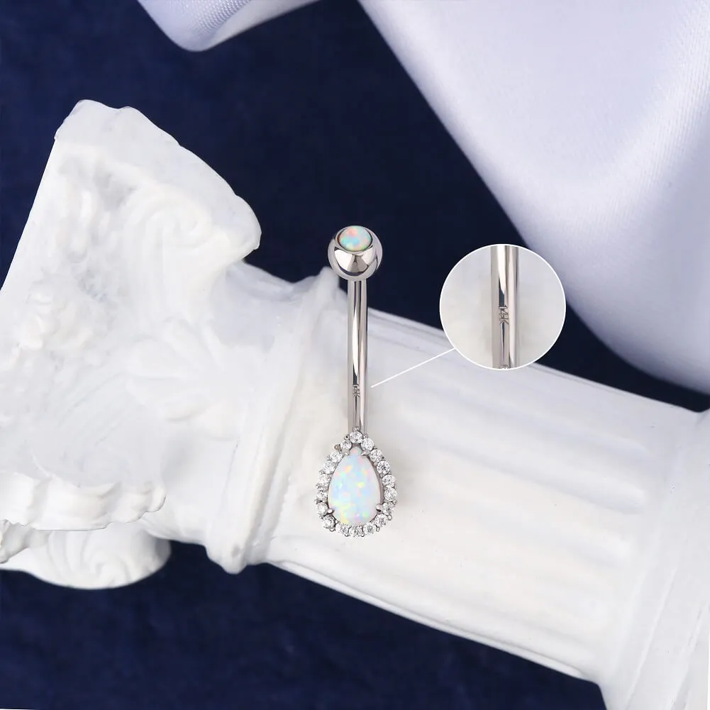 14K White Gold Opal Belly Ring 14G CZ Teardrop Design Navel Ring