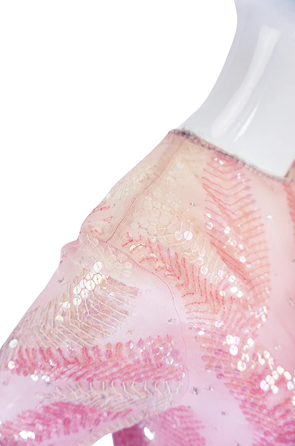 1970s Sequin Covered Pink Silk Chiffon Halston Dress