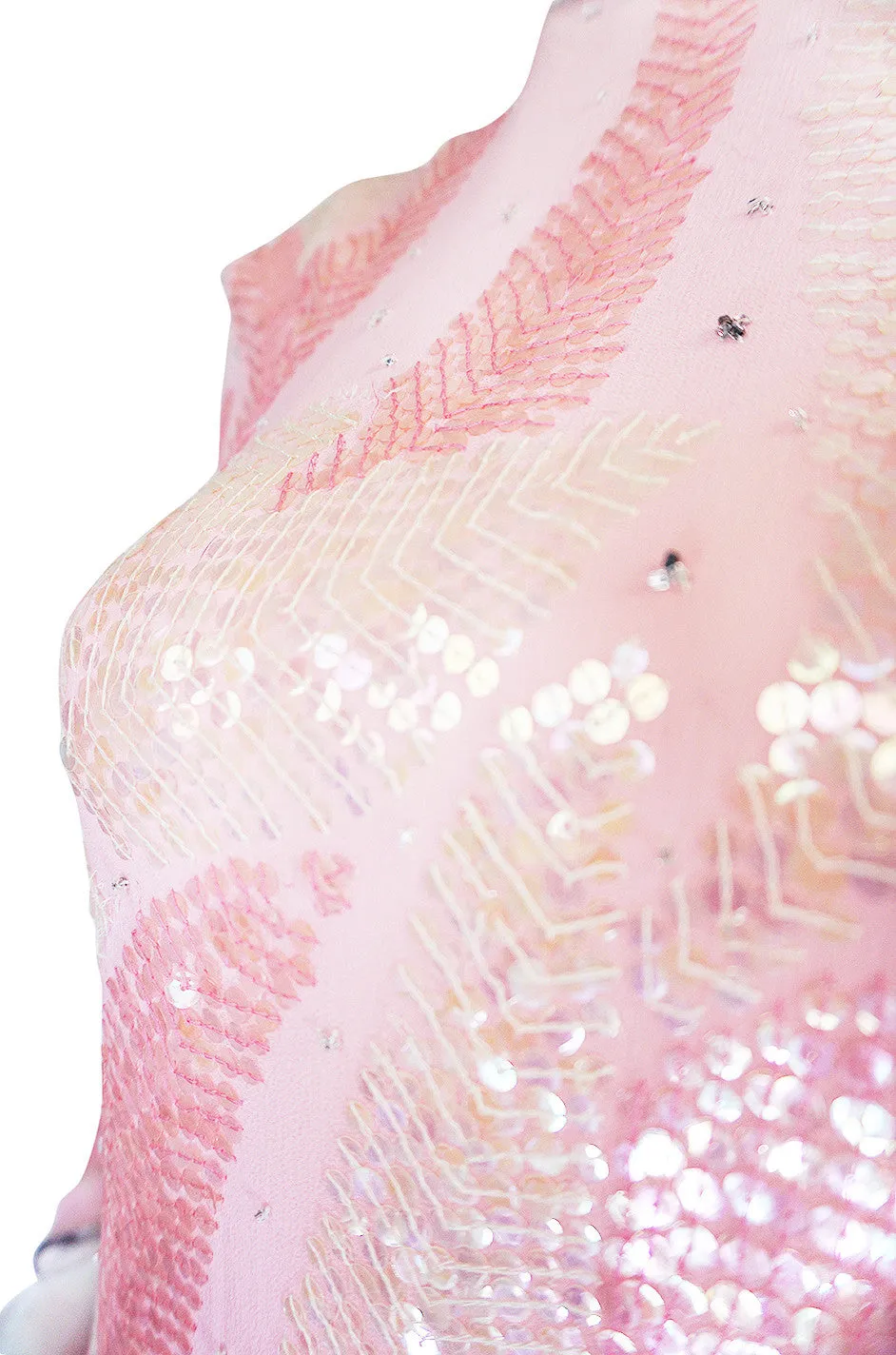 1970s Sequin Covered Pink Silk Chiffon Halston Dress