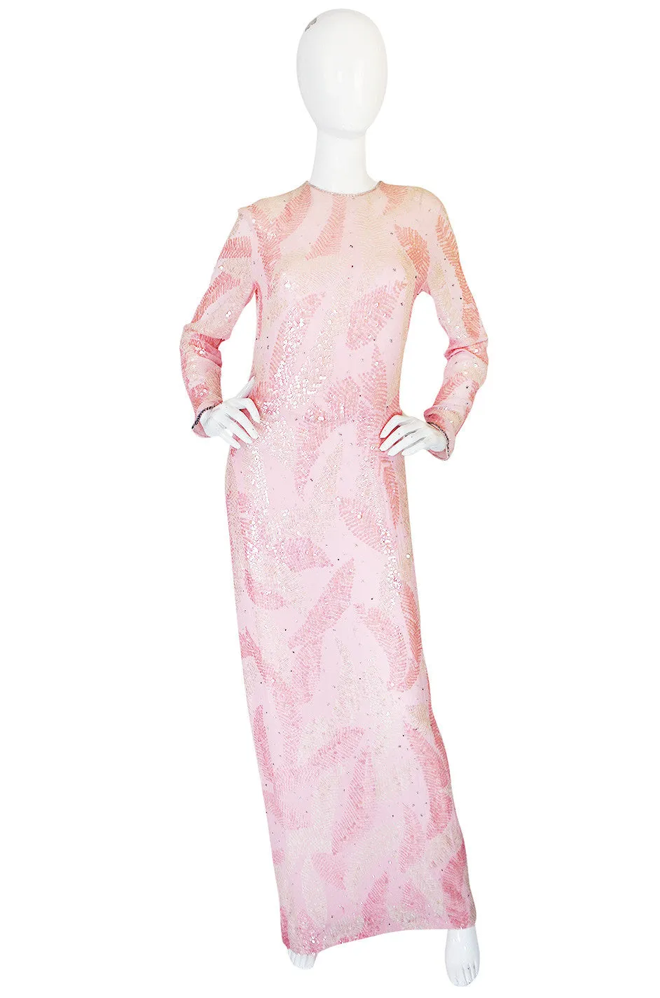 1970s Sequin Covered Pink Silk Chiffon Halston Dress