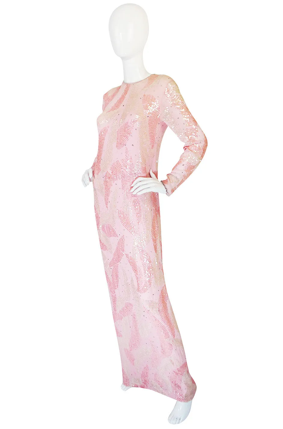 1970s Sequin Covered Pink Silk Chiffon Halston Dress