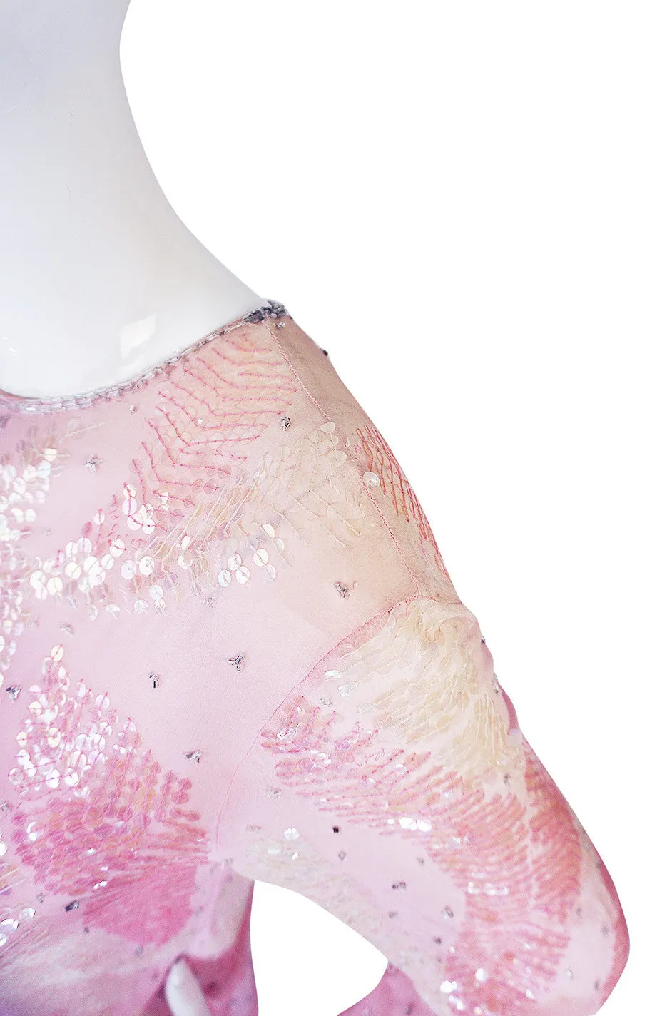 1970s Sequin Covered Pink Silk Chiffon Halston Dress