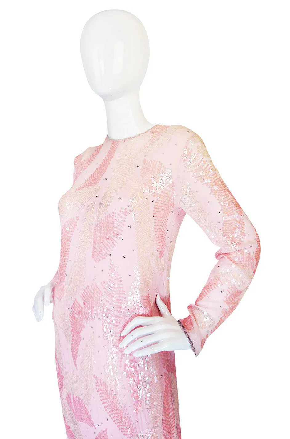 1970s Sequin Covered Pink Silk Chiffon Halston Dress