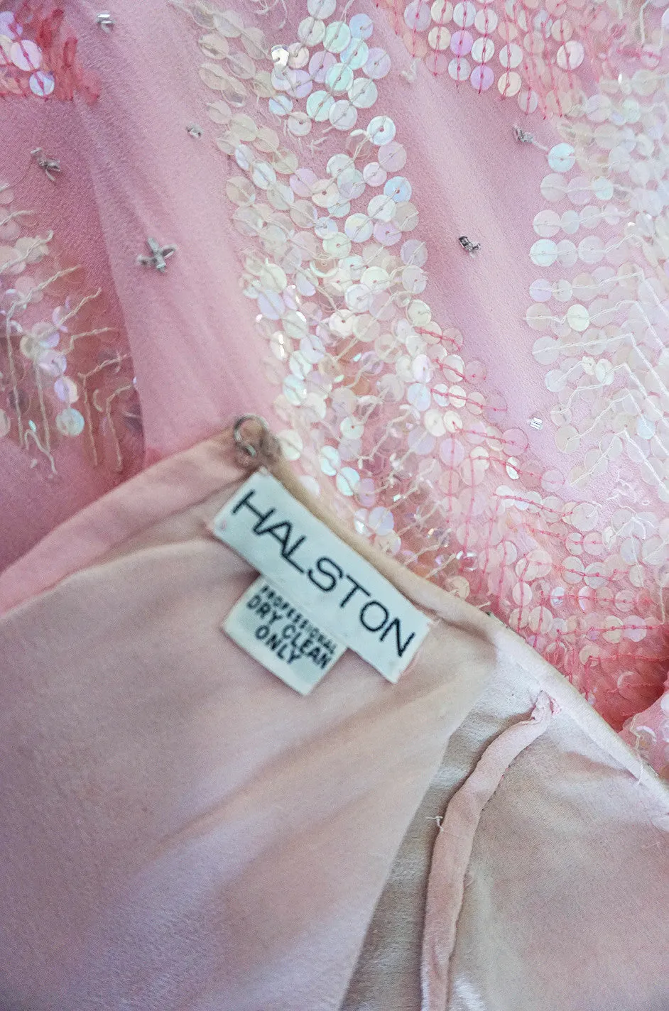 1970s Sequin Covered Pink Silk Chiffon Halston Dress