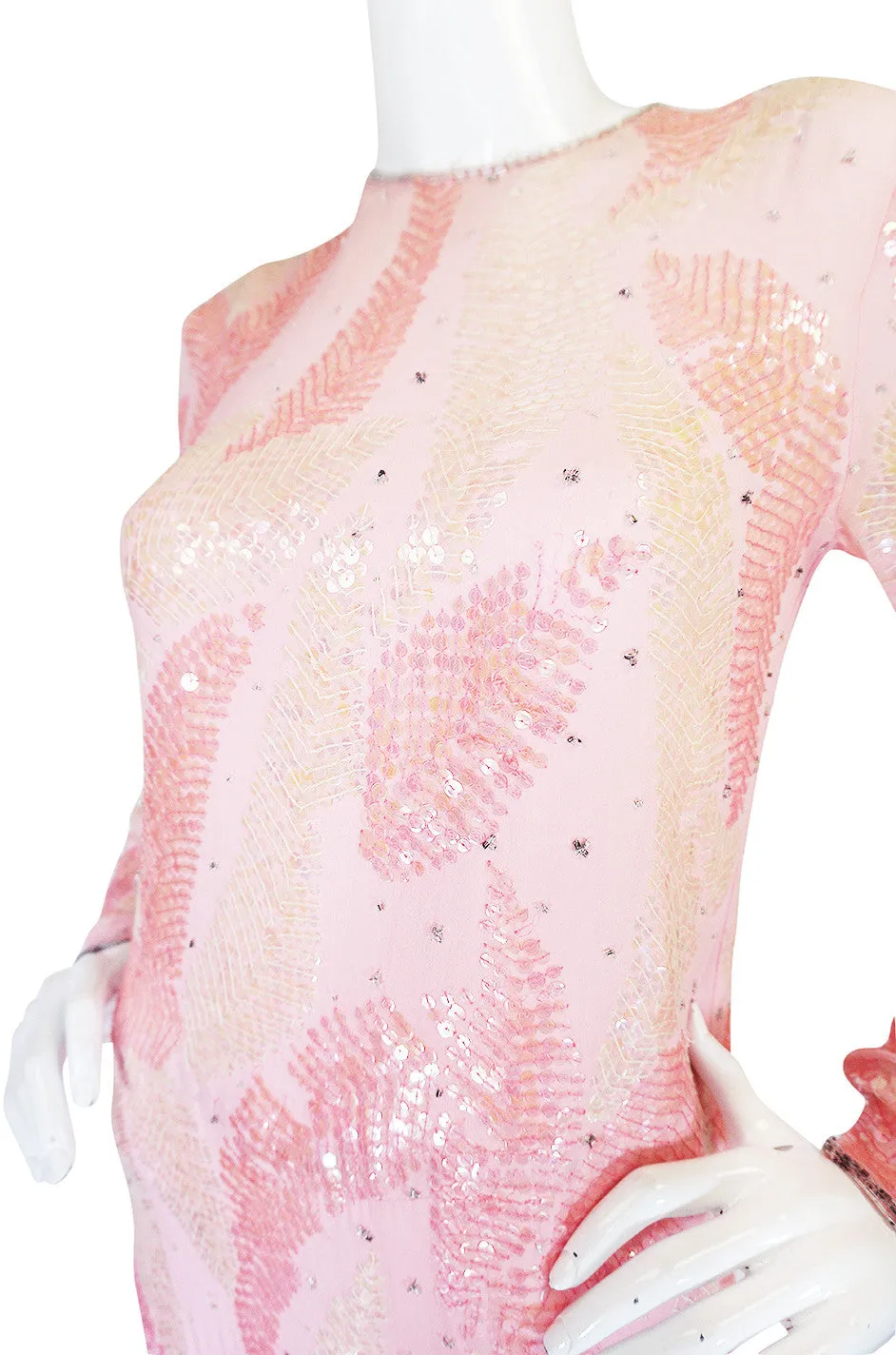 1970s Sequin Covered Pink Silk Chiffon Halston Dress