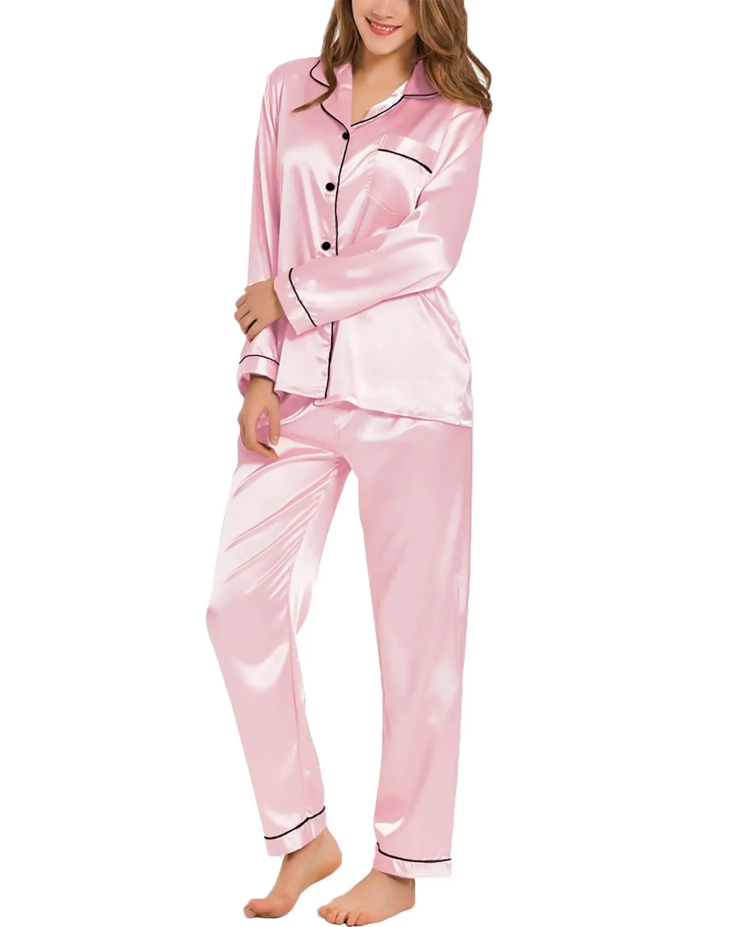 A&A Silk Satin Pajamas Loungewear Two-piece Sleepwear Set