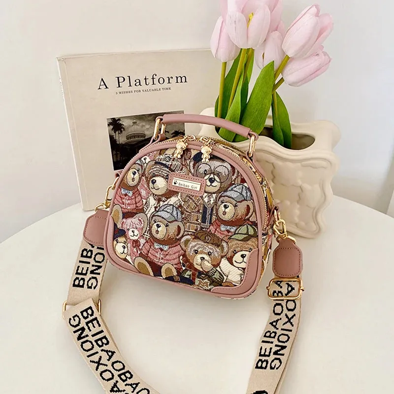 Adorable Bear Print Round Crossbody Bag