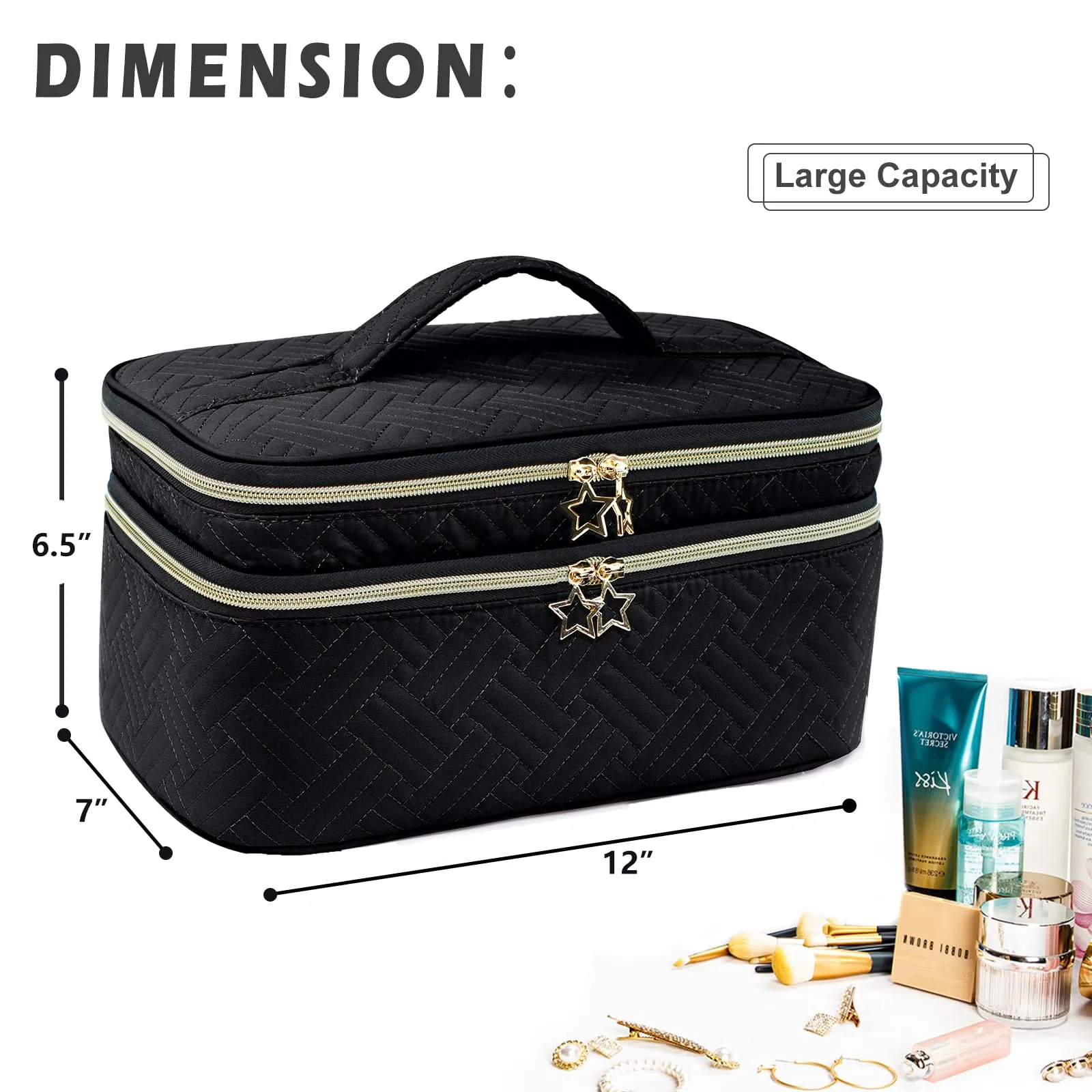 AMOIGEE Large Makeup Bag, Travel Makeup Bag Organizer, Double Layer Train Case Makeup Bag, Toiletry Bag for Makeup Brushes, Full Size Bottles, Palettes Sponge, Cosmetic Organizer