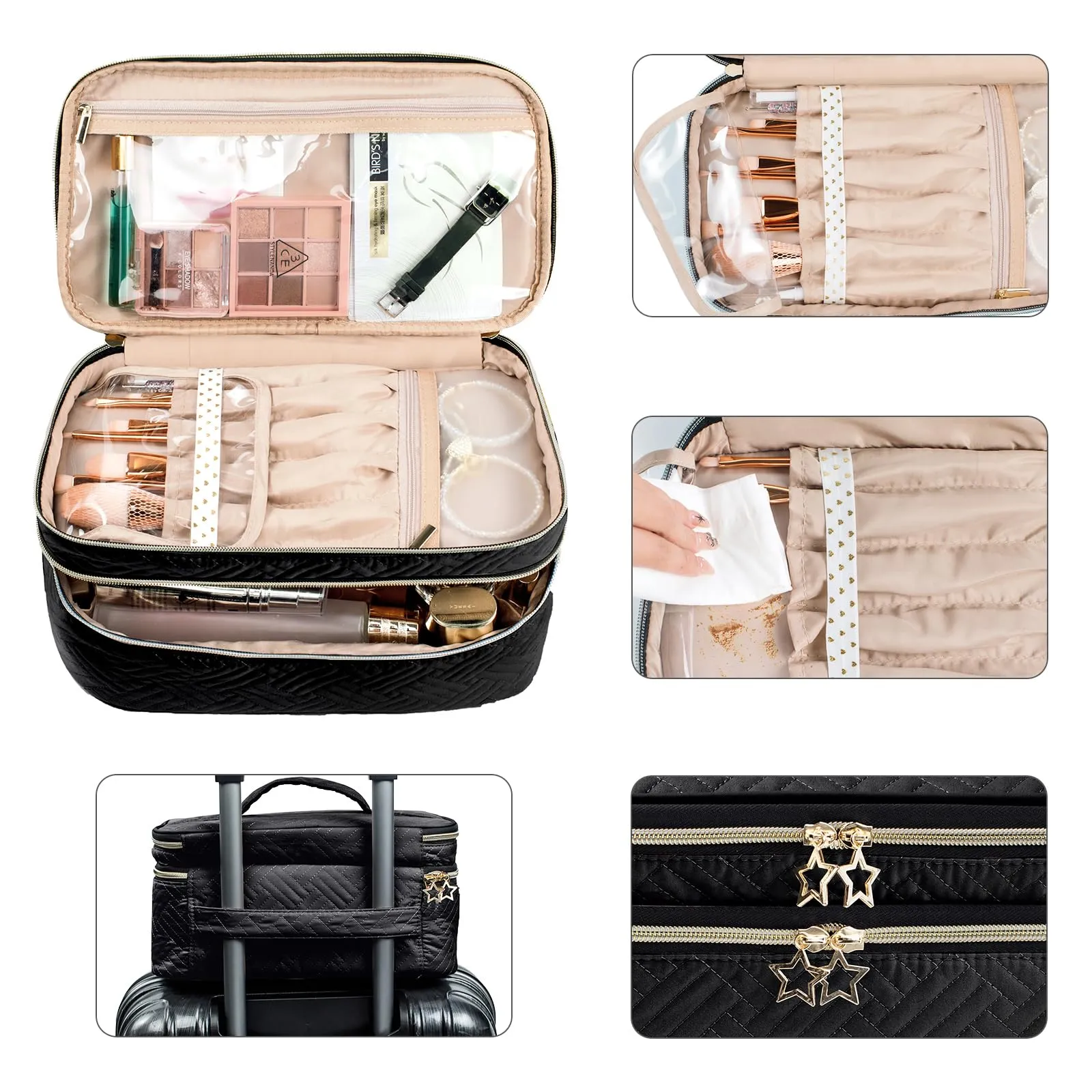 AMOIGEE Large Makeup Bag, Travel Makeup Bag Organizer, Double Layer Train Case Makeup Bag, Toiletry Bag for Makeup Brushes, Full Size Bottles, Palettes Sponge, Cosmetic Organizer