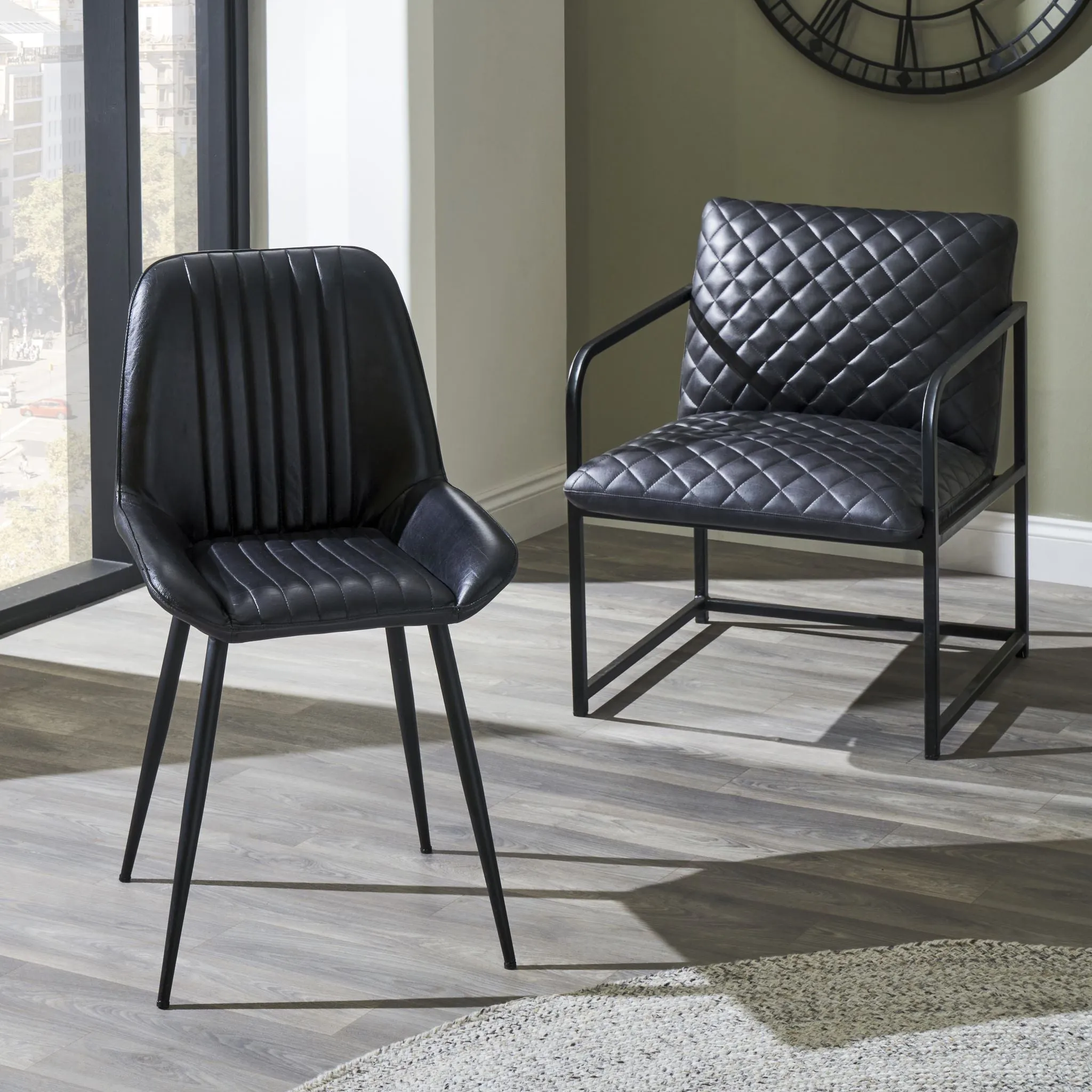 Angelo Leather and Iron Retro Dining Chair in Steel Grey