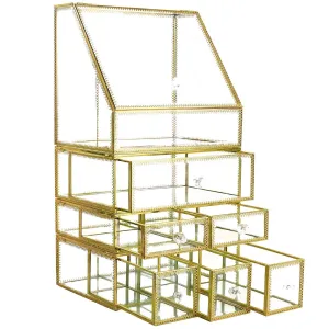 Antique Spacious Mirror Glass Drawers Set/ Vanity Dresser Gold Makeup Storage /Stunning Cube Beauty Display. It Consists of 4Separate Organizers Dustproof for Skincare/Pallete/Perfumes/Brushes/Makeup