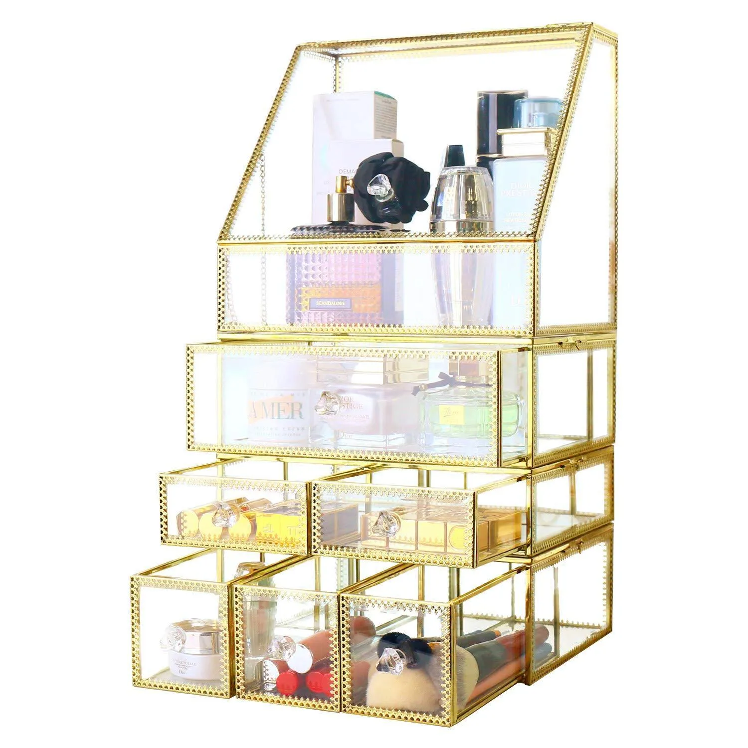 Antique Spacious Mirror Glass Drawers Set/ Vanity Dresser Gold Makeup Storage /Stunning Cube Beauty Display. It Consists of 4Separate Organizers Dustproof for Skincare/Pallete/Perfumes/Brushes/Makeup