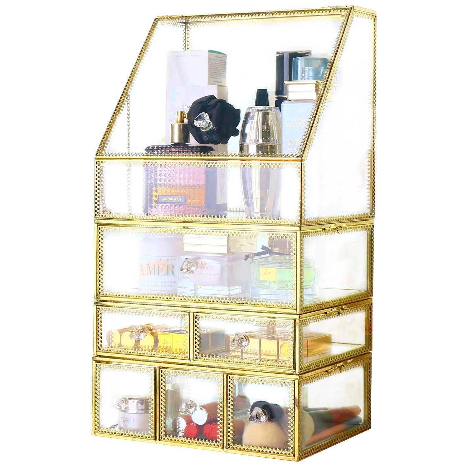 Antique Spacious Mirror Glass Drawers Set/ Vanity Dresser Gold Makeup Storage /Stunning Cube Beauty Display. It Consists of 4Separate Organizers Dustproof for Skincare/Pallete/Perfumes/Brushes/Makeup