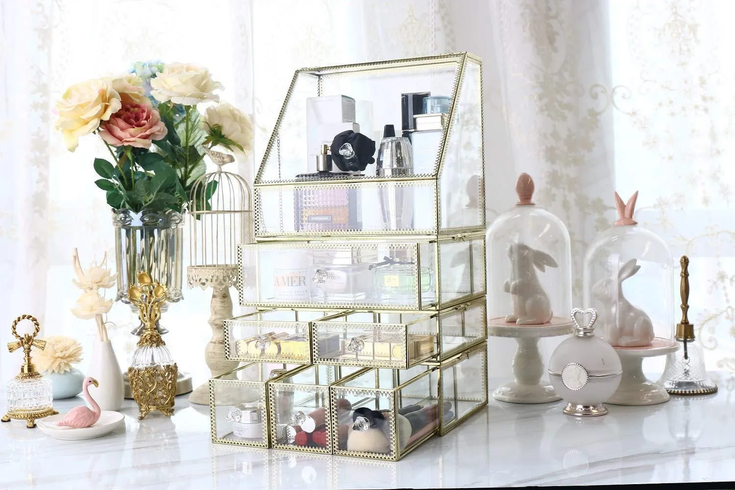 Antique Spacious Mirror Glass Drawers Set/ Vanity Dresser Gold Makeup Storage /Stunning Cube Beauty Display. It Consists of 4Separate Organizers Dustproof for Skincare/Pallete/Perfumes/Brushes/Makeup