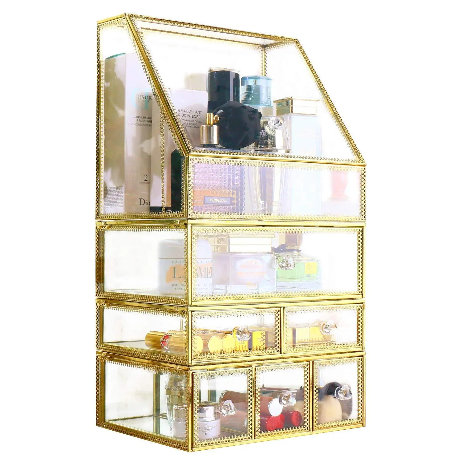 Antique Spacious Mirror Glass Drawers Set/ Vanity Dresser Gold Makeup Storage /Stunning Cube Beauty Display. It Consists of 4Separate Organizers Dustproof for Skincare/Pallete/Perfumes/Brushes/Makeup