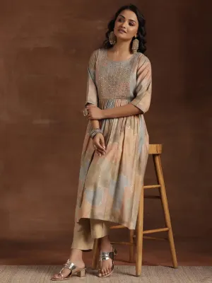 Beige Printed Silk A-Line Kurta