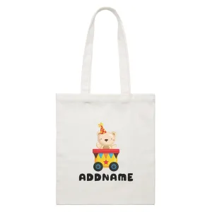 Birthday Fun Train Bear Wearing Party Hat Addname White Canvas Bag