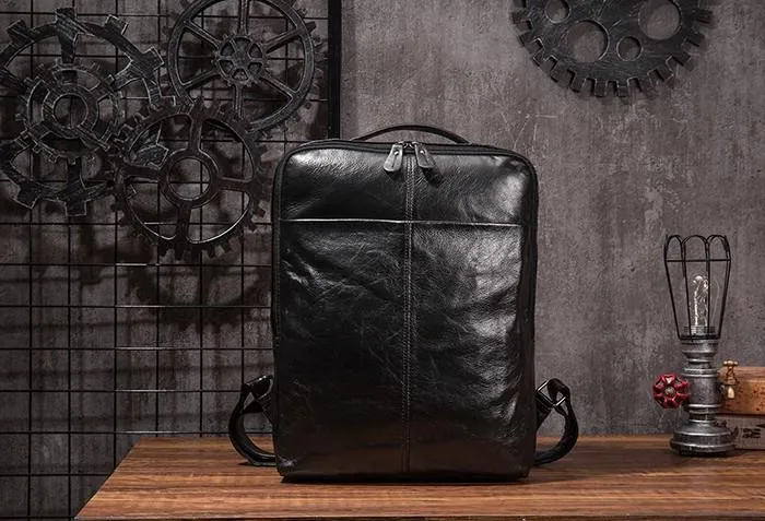 Black Cool Mens Leather Backpack Travel Backpack Leather 15inch Laptop Backpack for Men