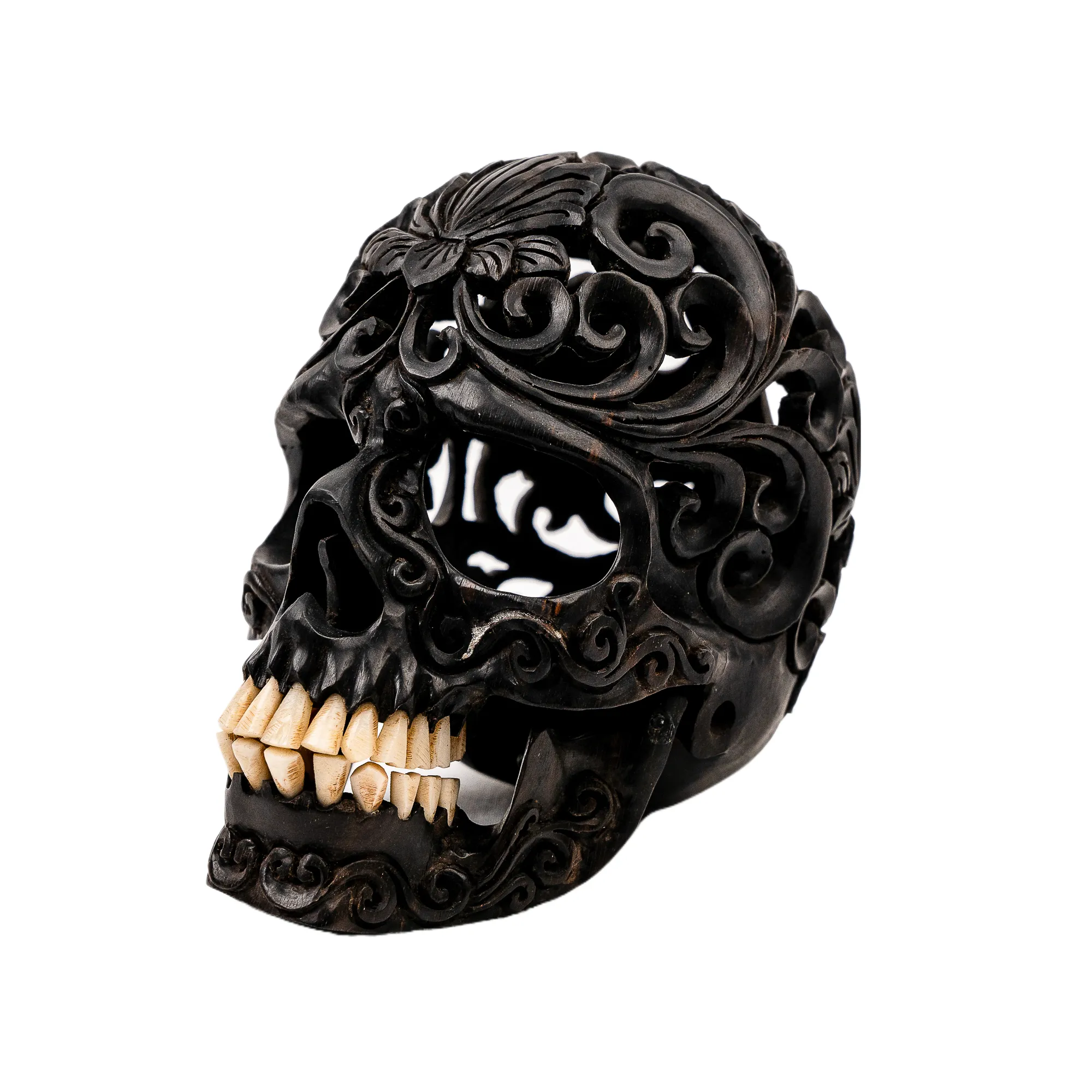 Black Ebony 5" Wood Skull - Lotus Pattern