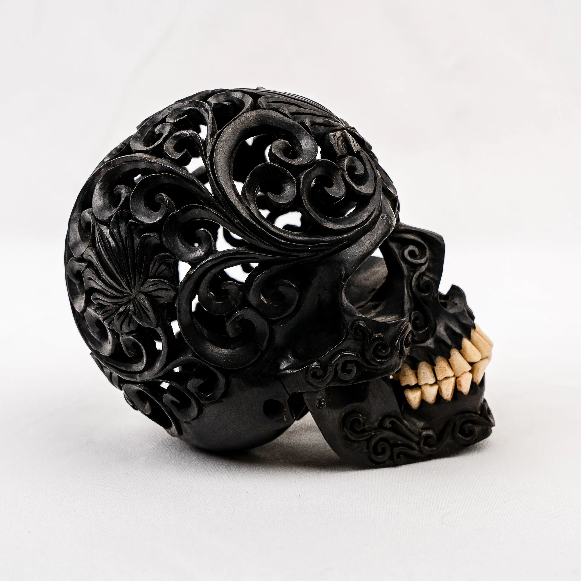 Black Ebony 5" Wood Skull - Lotus Pattern