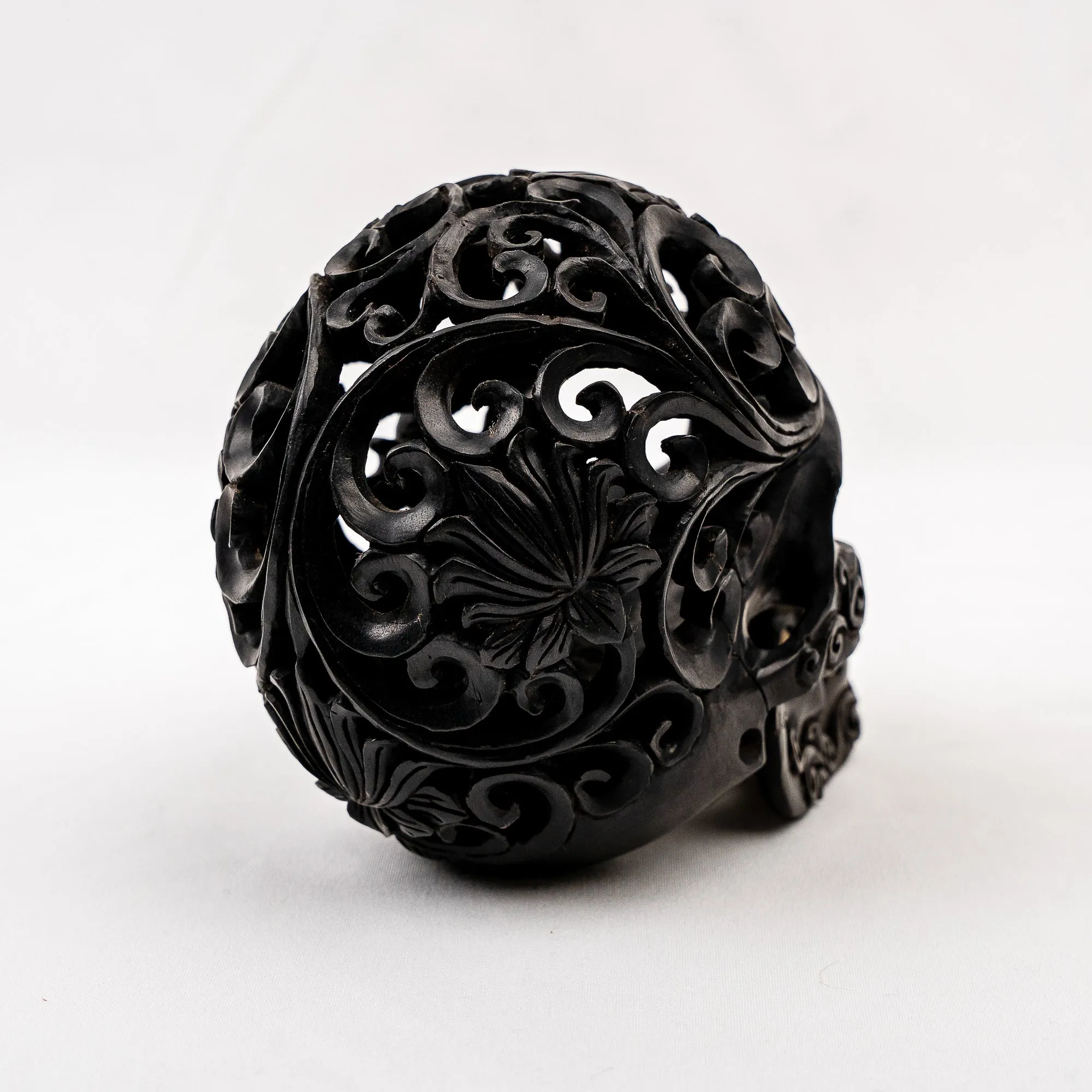 Black Ebony 5" Wood Skull - Lotus Pattern