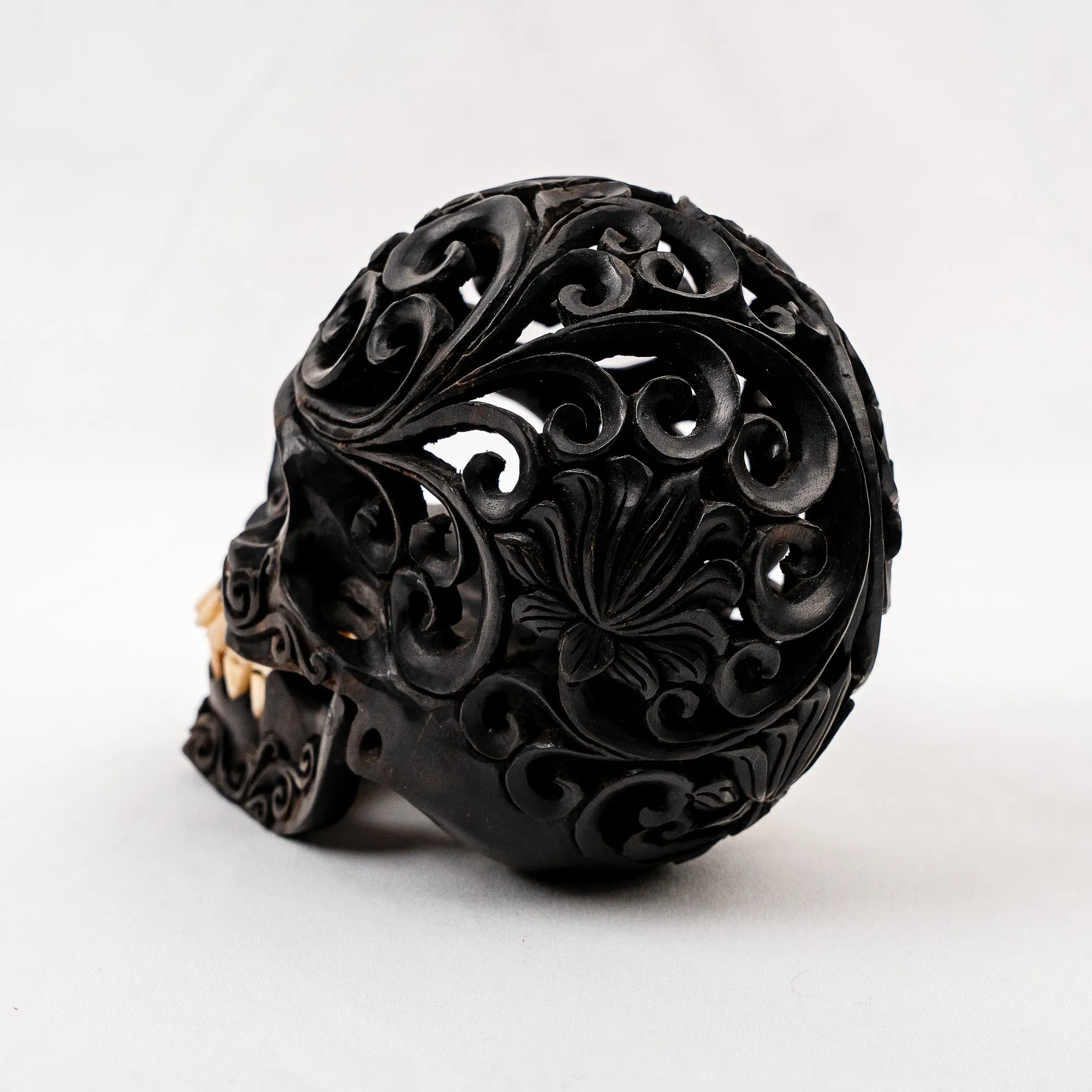 Black Ebony 5" Wood Skull - Lotus Pattern