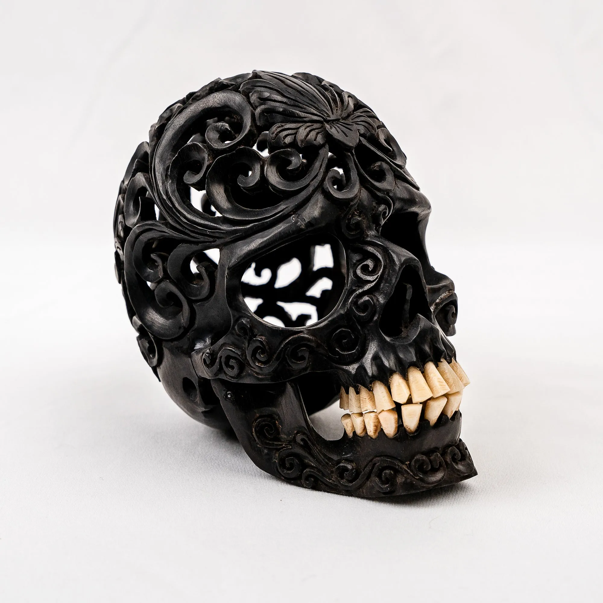 Black Ebony 5" Wood Skull - Lotus Pattern