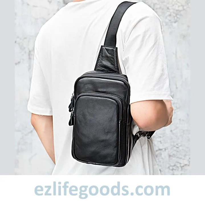 Black Leather Sling Bag | Compact Shoulder Crossbody Chest Bag