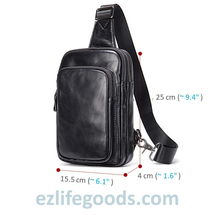 Black Leather Sling Bag | Compact Shoulder Crossbody Chest Bag