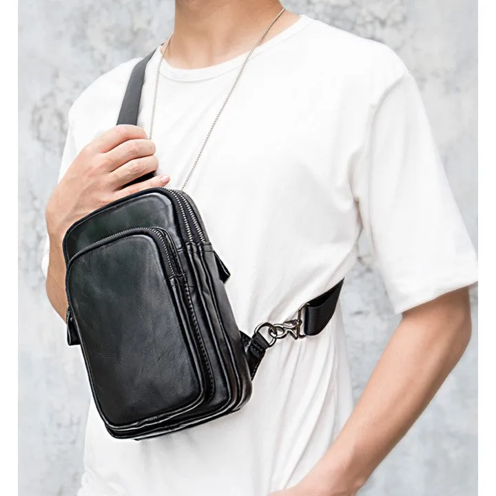 Black Leather Sling Bag | Compact Shoulder Crossbody Chest Bag