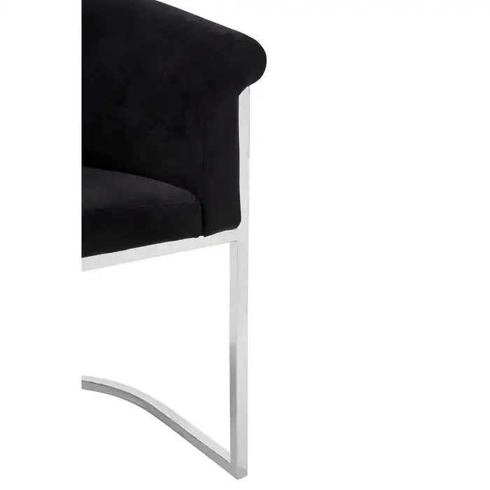 Black Velvet and Matte Silver Tub Design Dining Chair