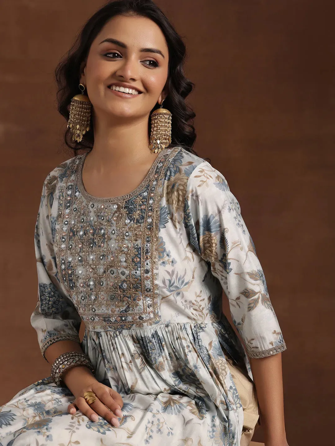 Blue Printed Silk A-Line Kurta