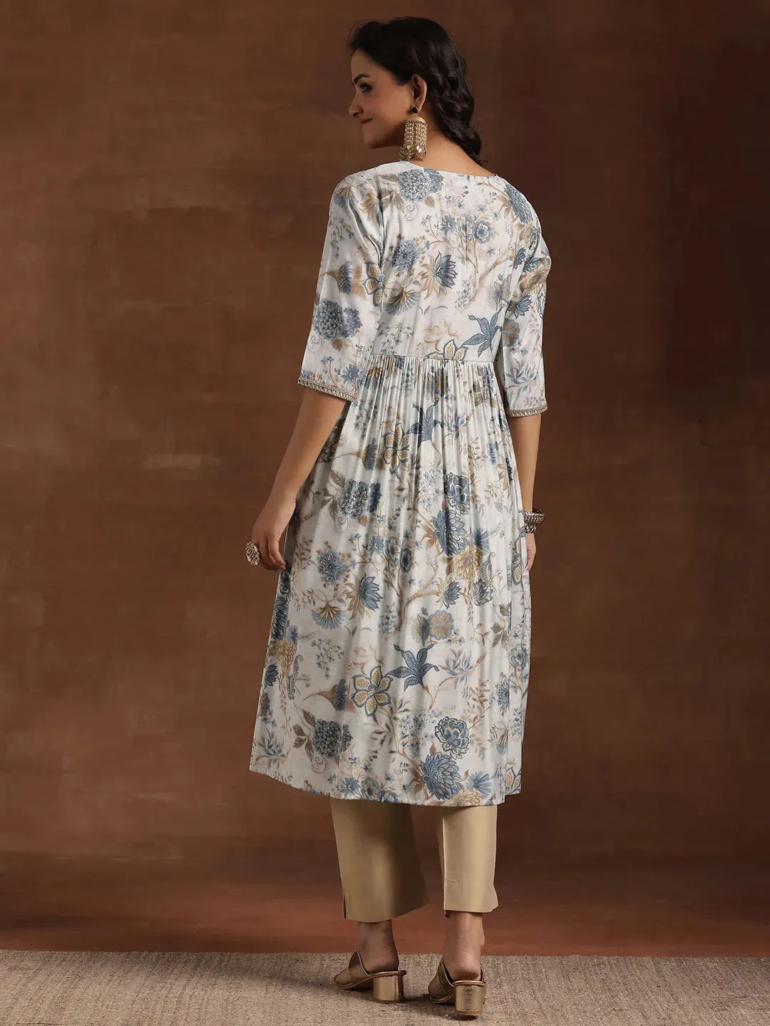 Blue Printed Silk A-Line Kurta