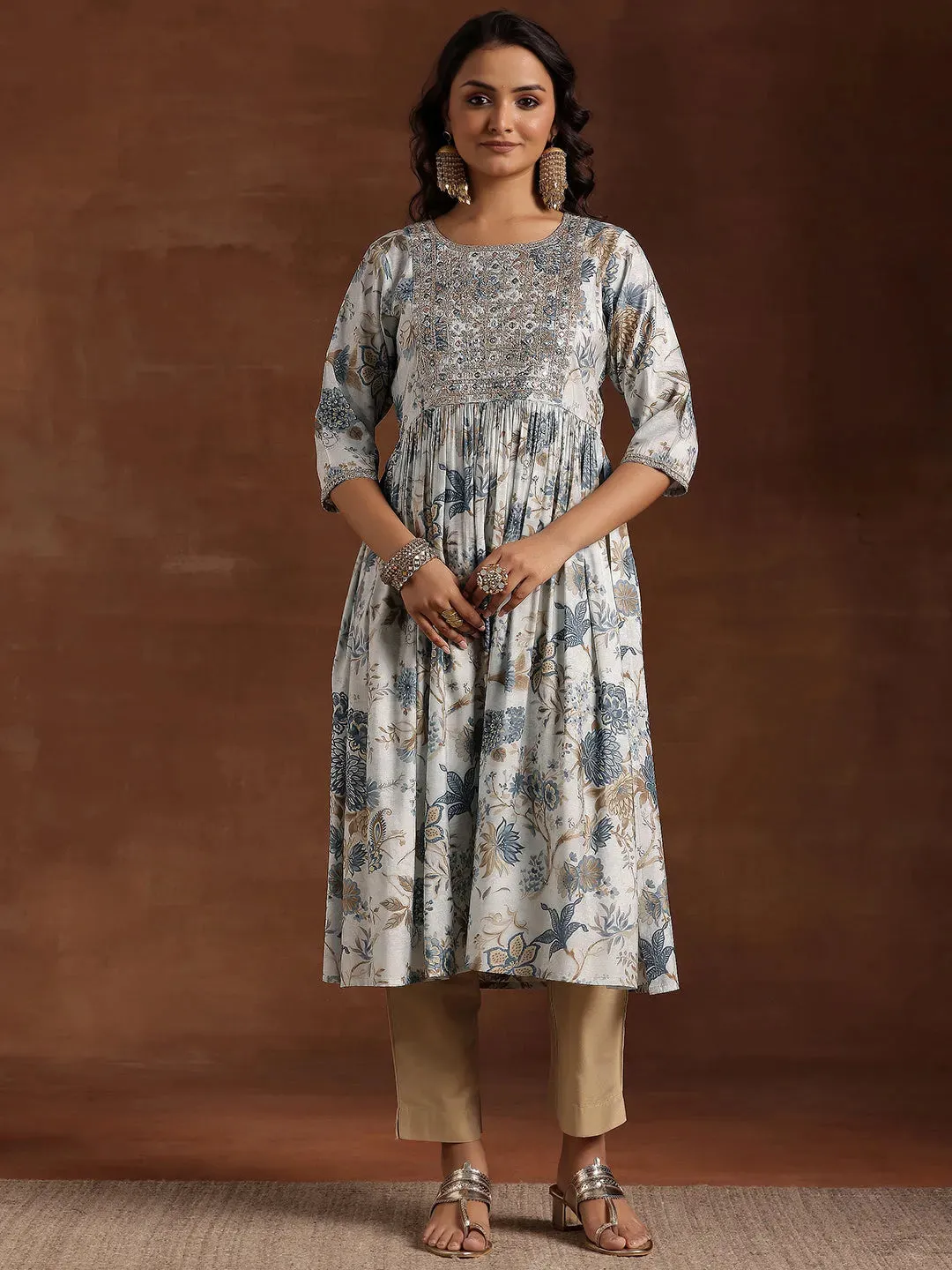 Blue Printed Silk A-Line Kurta