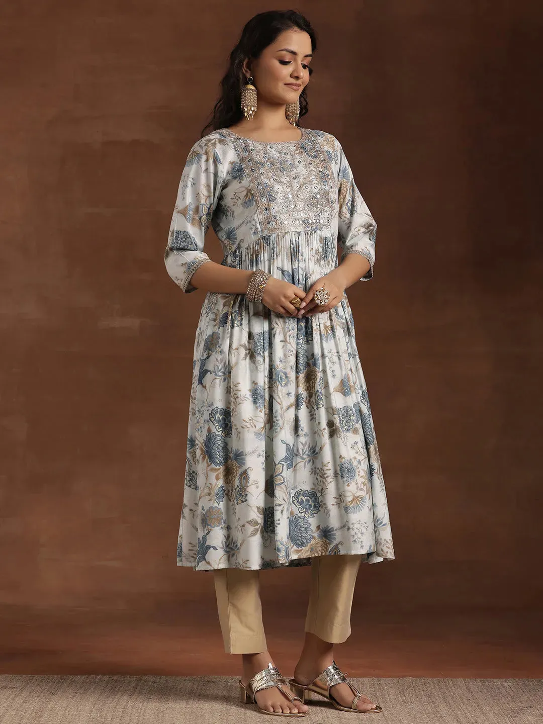 Blue Printed Silk A-Line Kurta