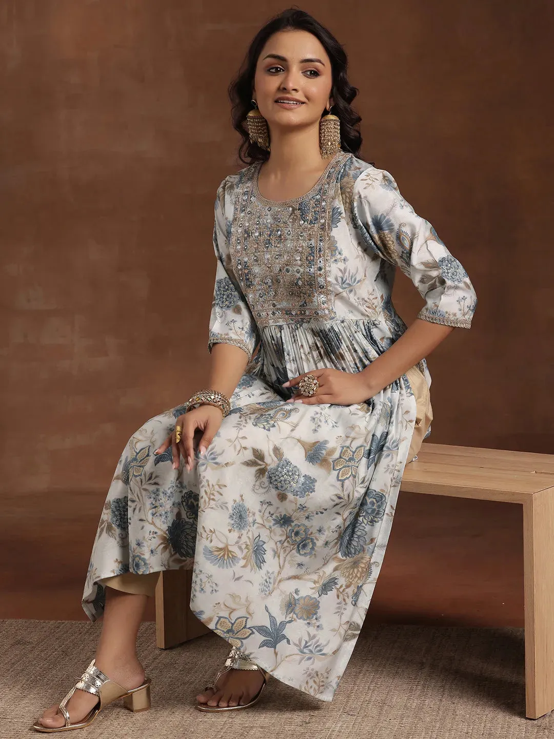 Blue Printed Silk A-Line Kurta