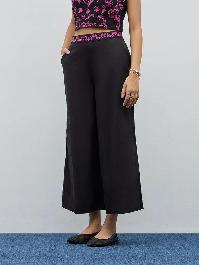 Bombay Paisley Black Embroidered High-Rise Cotton Pants