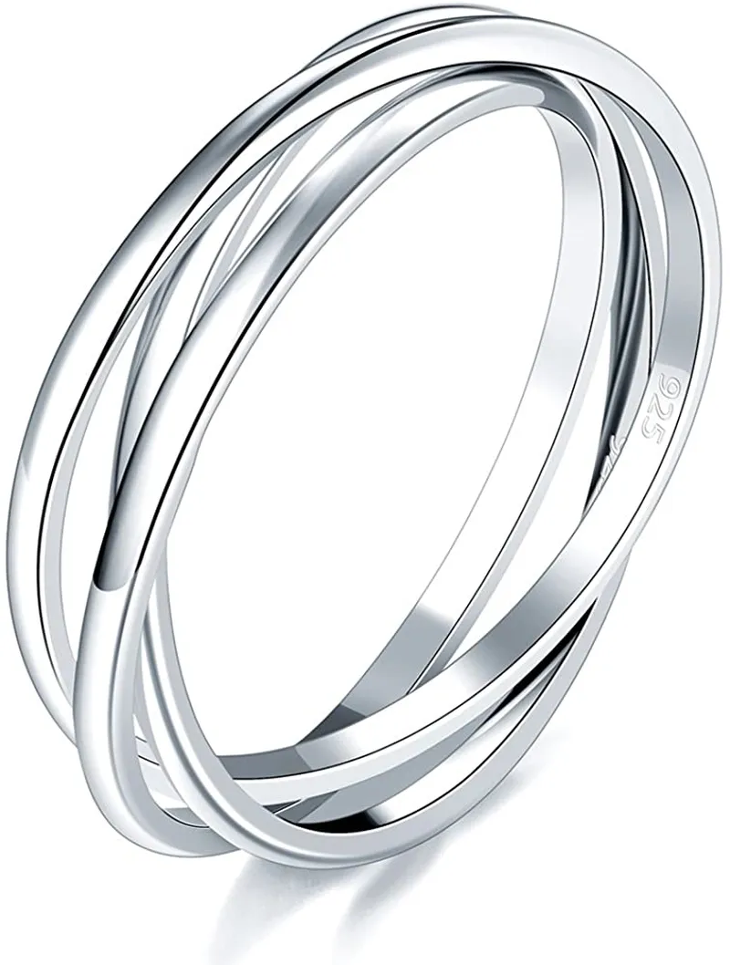 BORUO 925 Sterling Silver Ring Triple Interlocked Rolling High Polish Ring Size 4-12