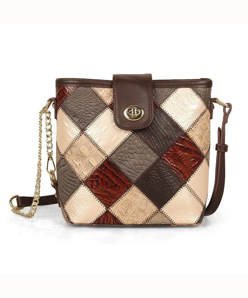 Boutique Coffee Plaid Patchwork Calf Leather Messenger Bag LY1378