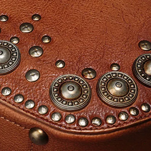 Brown Studded Leather Circle Bag for Women