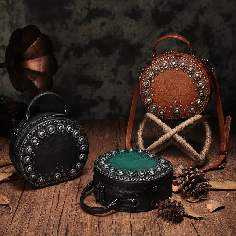 Brown Studded Leather Circle Bag for Women