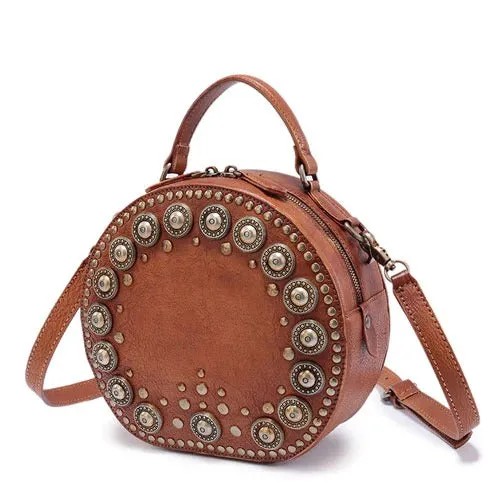 Brown Studded Leather Circle Bag for Women