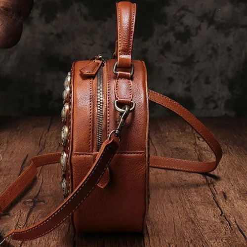 Brown Studded Leather Circle Bag for Women