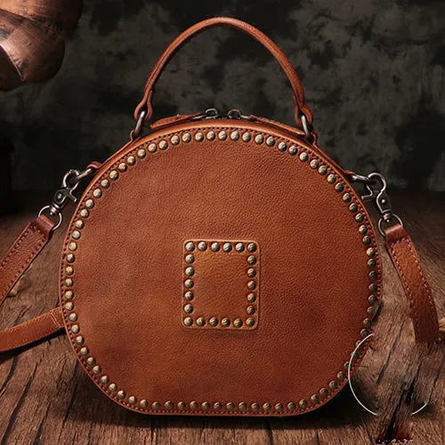 Brown Studded Leather Circle Bag for Women