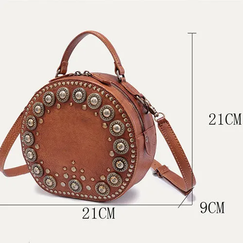 Brown Studded Leather Circle Bag for Women